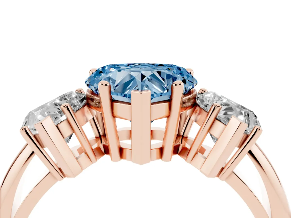Fancy Blue Three-Stone Heart Cut Cut Diamond Engagement Ring with Prong Setting on a White Gold Band Rose gold