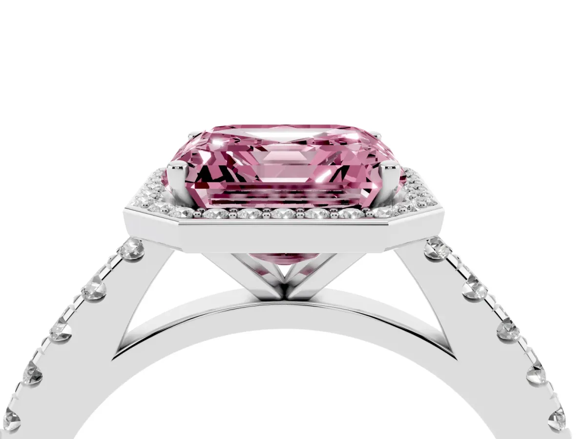 Fancy Pink Asscher Cut Cut Halo Diamond Engagement Ring with Pave Band and Four-Prong Setting White gold