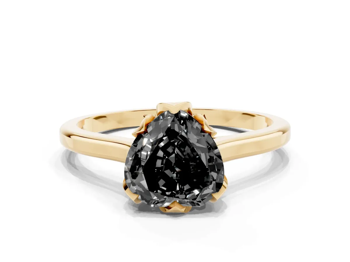 Fancy Black Heart Cut Diamond Solitaire Ring with Flower Prong Setting and Classic Band Yellow gold