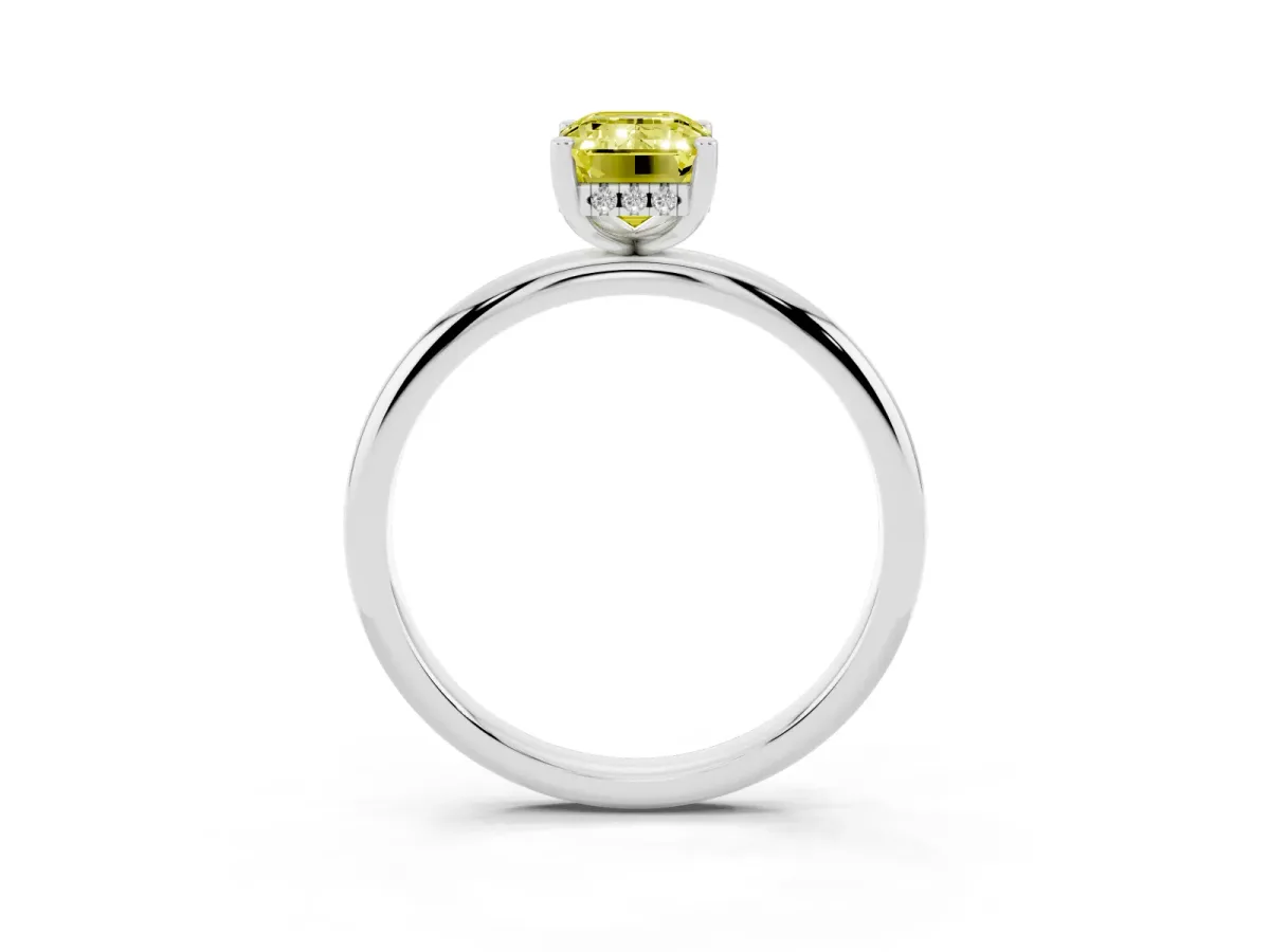 Fancy Yellow Emerald Cut Cut Solitaire Engagement Ring with Four-Prong Setting and Classic Band Silver