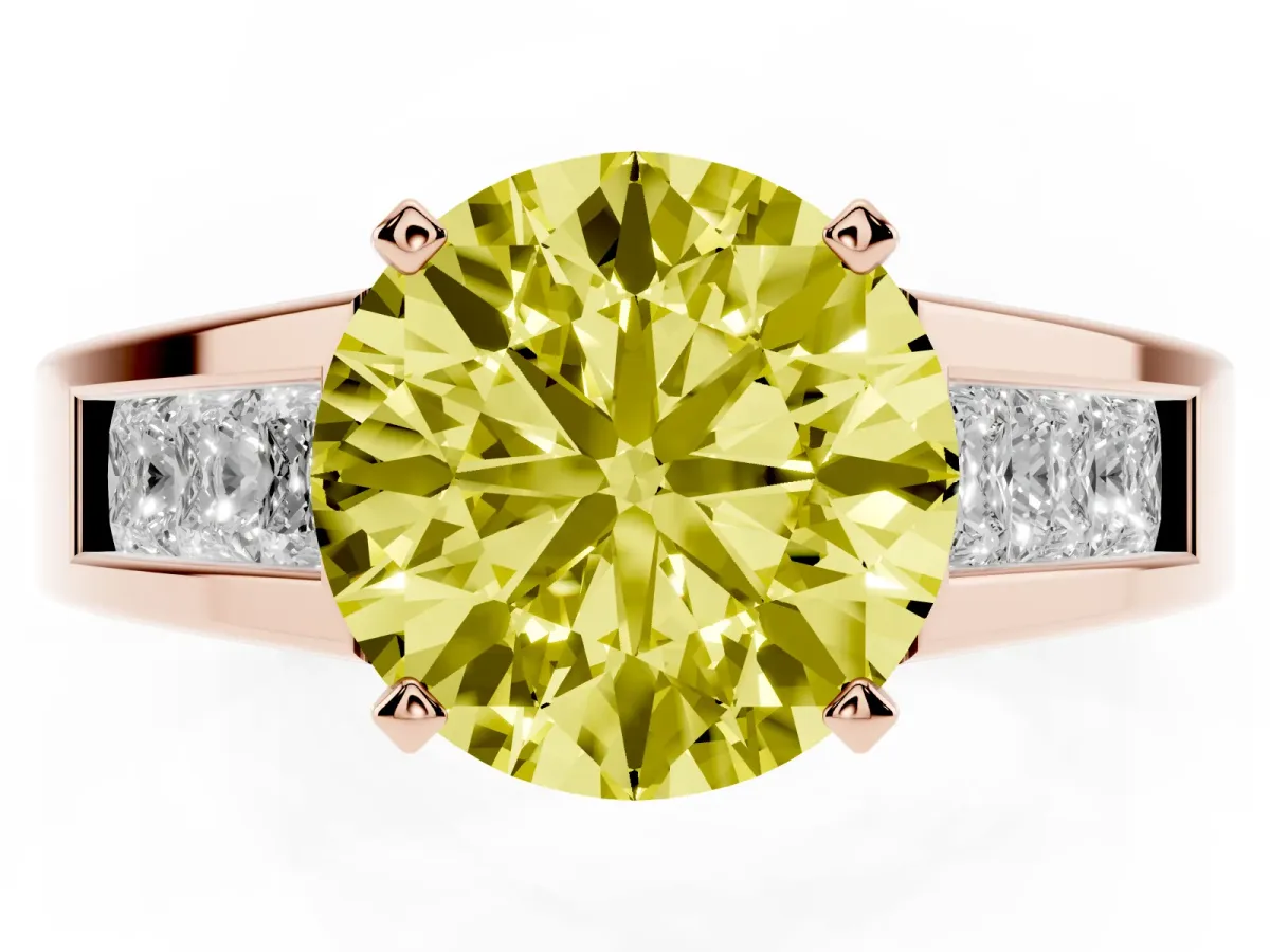 Fancy Yellow Round Cut Cut Channel Set Solitaire Ring with Four-Prong Setting Rose gold