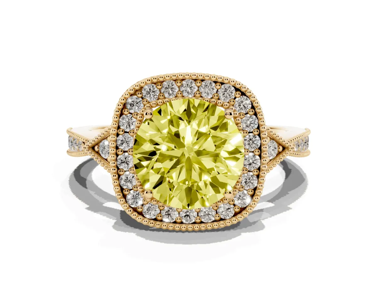 Fancy Yellow Round Cut Halo Round Diamond Milgrain Pave Engagement Ring Yellow gold