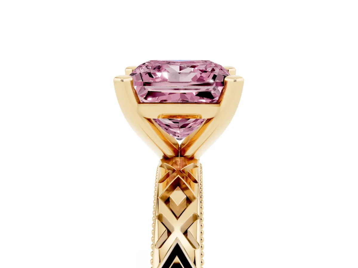 Fancy Pink Princess Cut Solitaire Diamond Ring with Milgrain and Black Enamel X Pattern Band Yellow gold