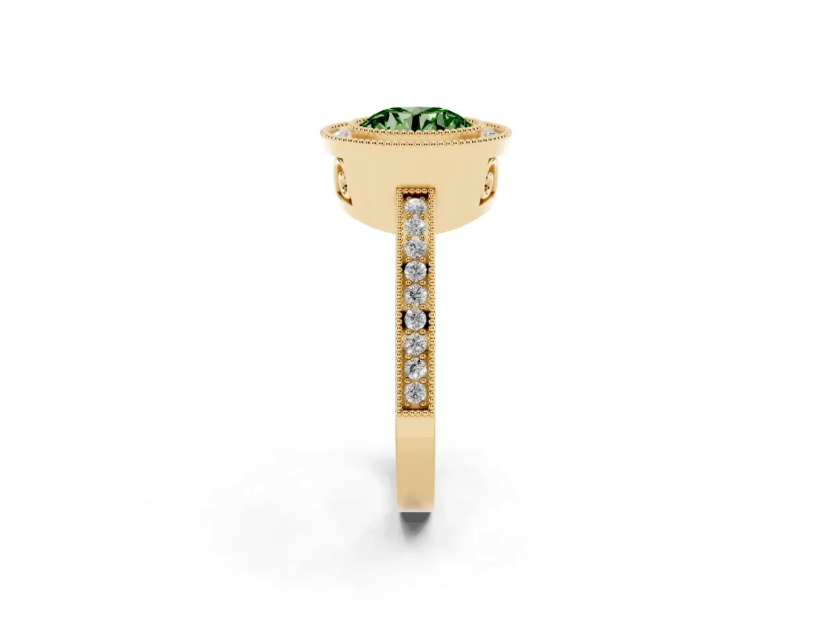 Fancy Green Round Cut Cut Halo Diamond Ring with Pavé Band and Milgrain Prong Setting Yellow gold
