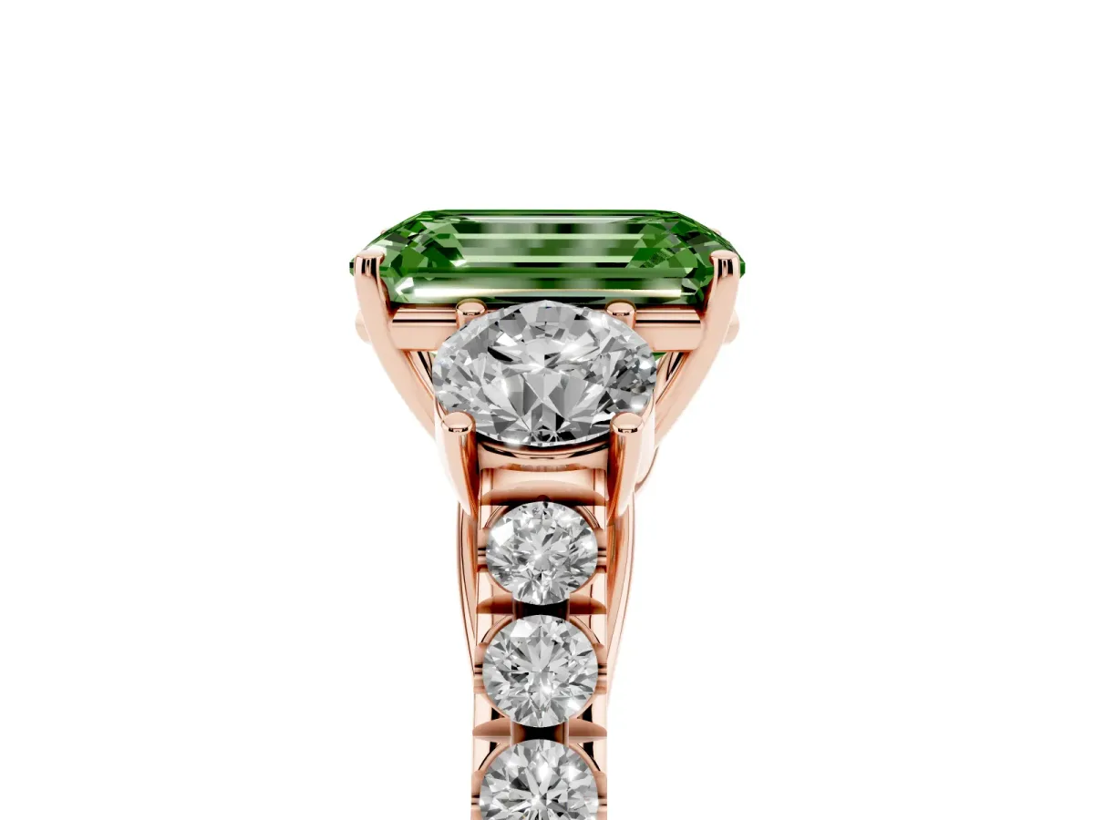 Fancy Green Emerald Cut Cut Diamond Three-Stone Ring with Round Side Stones and Pavé Band Rose gold