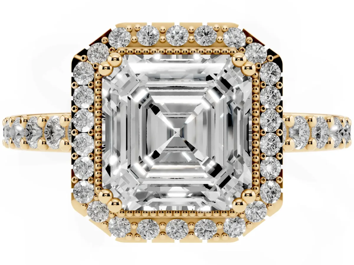 Asscher Cut Cut Diamond Halo Engagement Ring with Milgrain Detail and Pavé Band Yellow gold