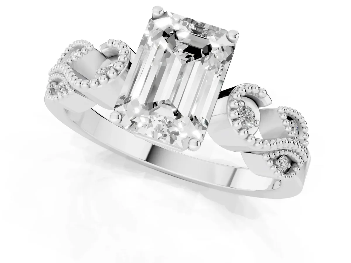 Emerald Cut Solitaire Milgrain Leaf Band with Prong Setting Silver