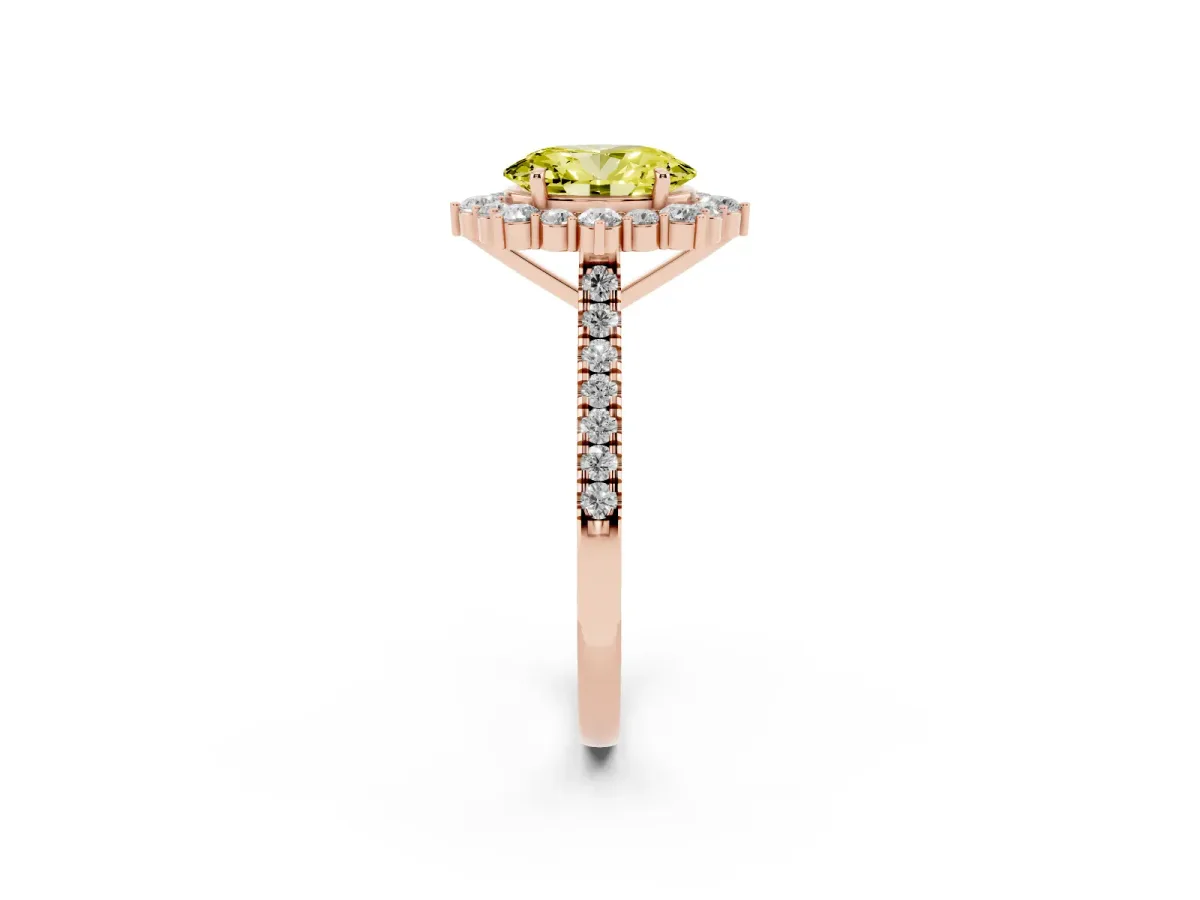 Fancy Yellow Oval Cut Halo Diamond Ring with Pavé Band and Prong Setting Rose gold