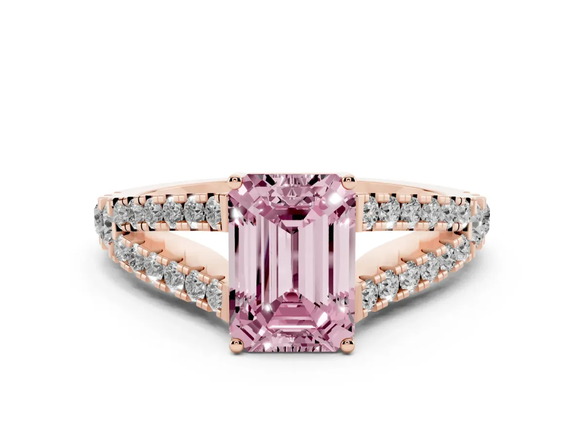 Fancy Pink Emerald Cut Diamond Split Shank Engagement Ring with Round Pavé and Prong Setting Rose gold