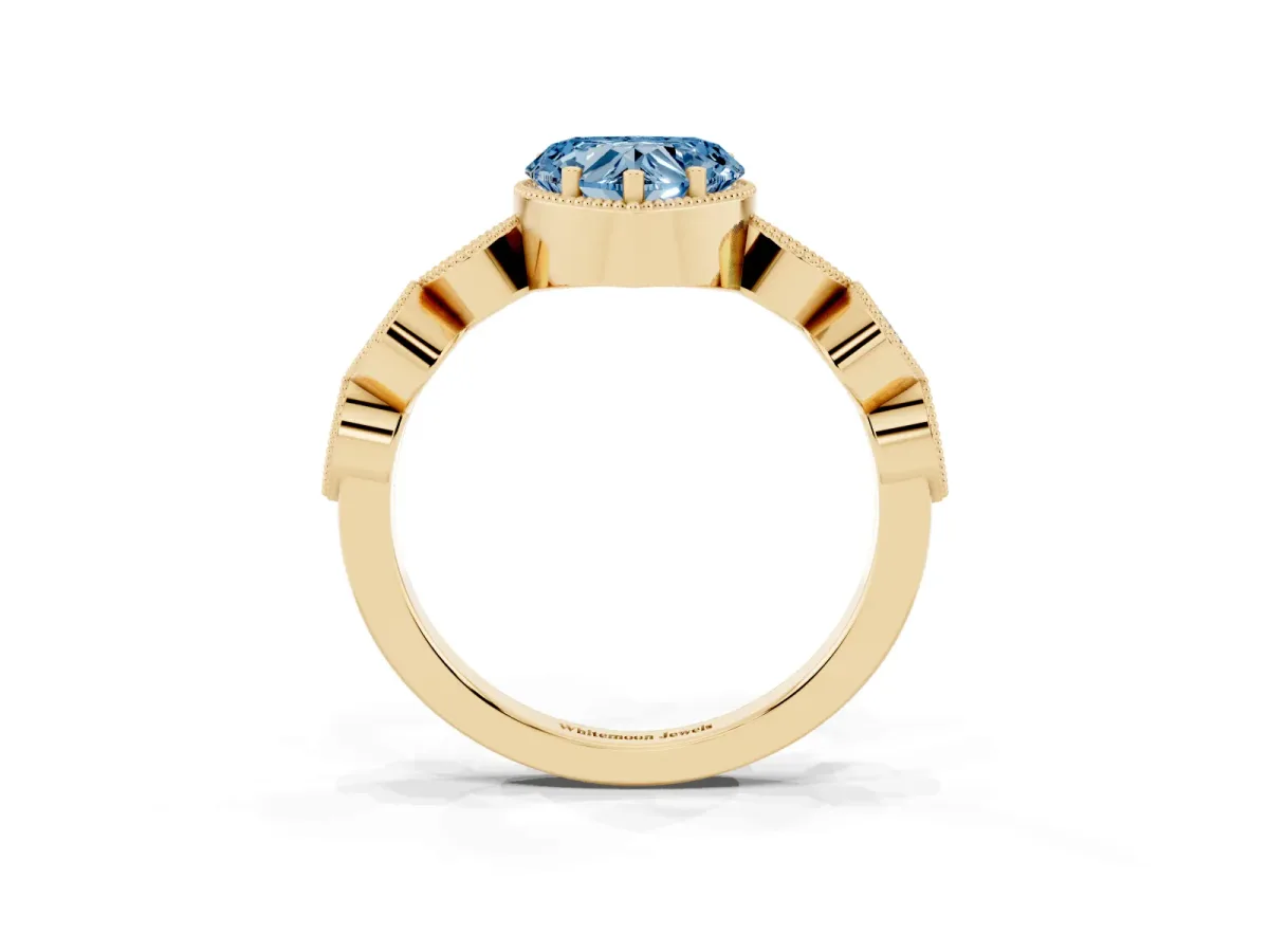Fancy Blue Heart Cut Diamond Vintage Milgrain Ring with Round Stations Yellow gold