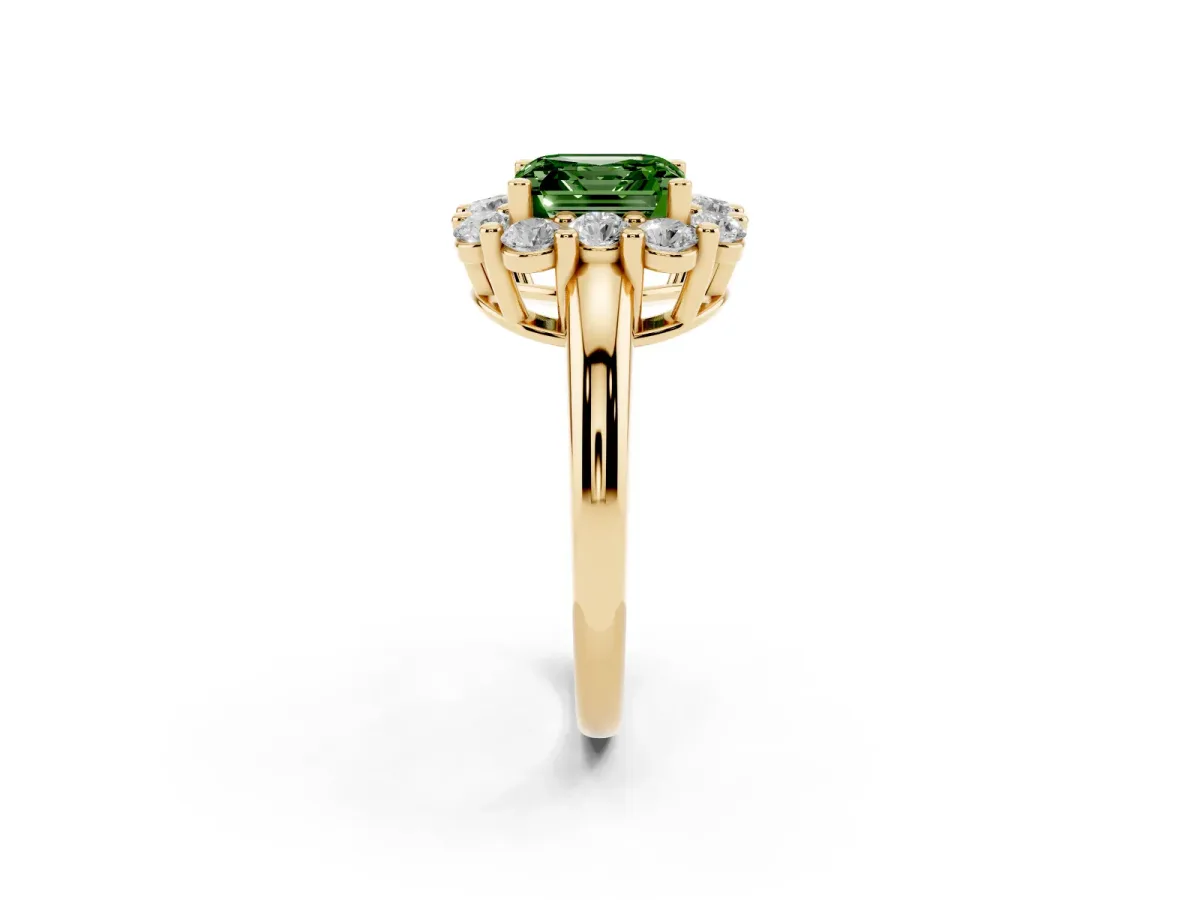 Fancy Green Asscher Cut Halo Cluster Diamond Engagement Ring with Prong Setting and Polished Band Yellow gold