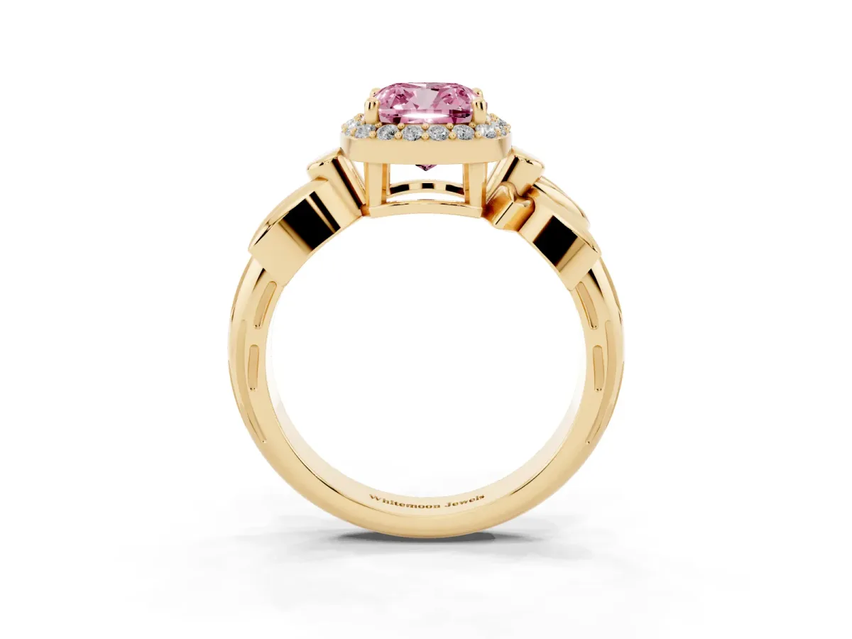 Fancy Pink Cushion Cut Halo Diamond Floral Band with Four-Prong Setting Yellow gold