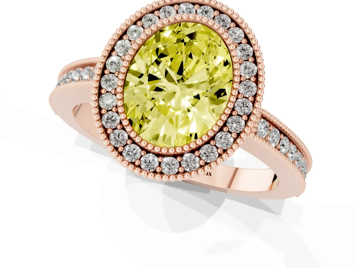 Fancy Yellow Oval Cut Cut Halo Diamond Ring with Pavé Band and Milgrain Prong Setting Rose gold