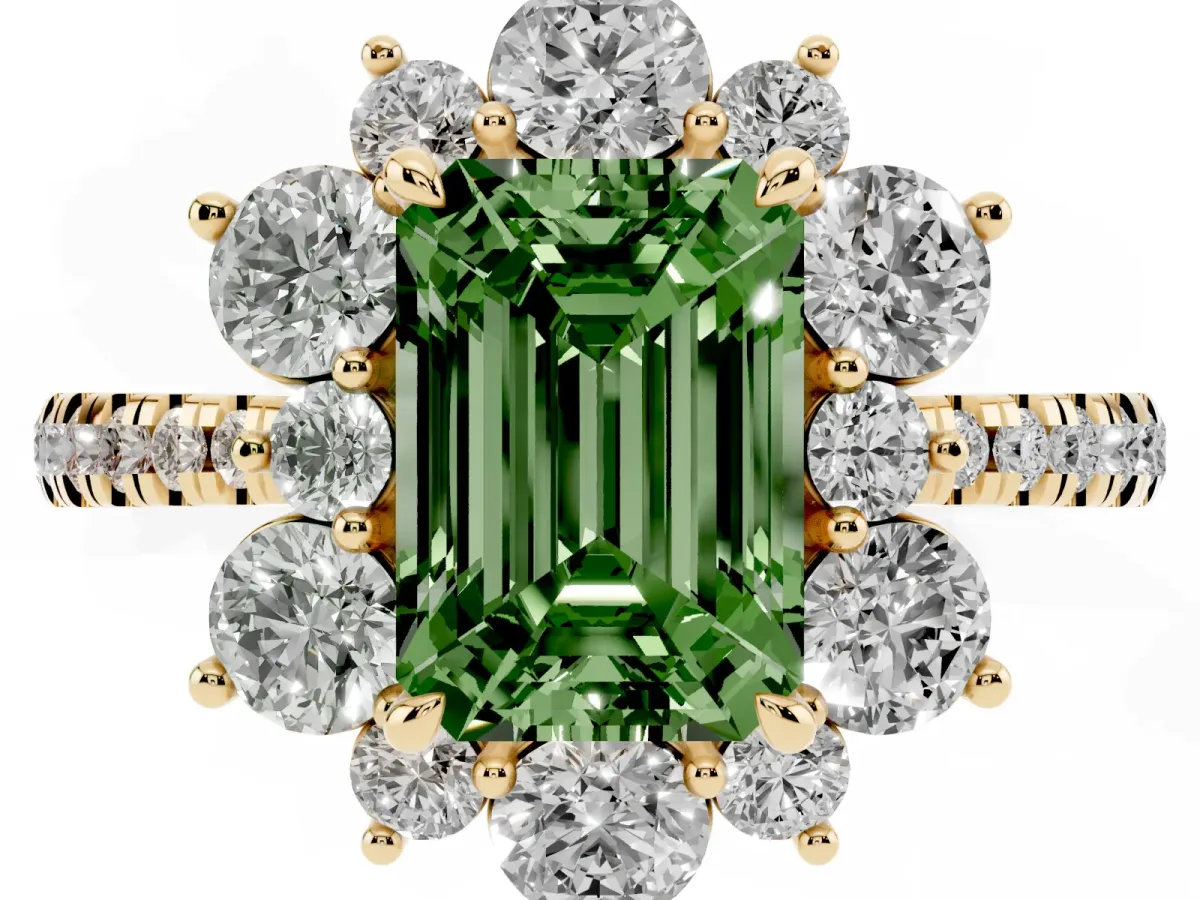 Fancy Green Emerald Cut Diamond Floral Halo Ring with Round Pavé Band and Prong Setting Yellow gold