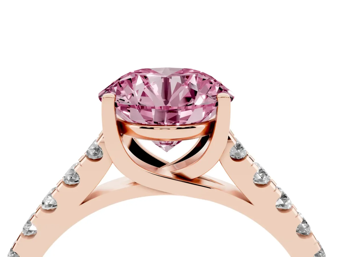 Fancy Pink Round Cut Diamond Pavé Band Solitaire Ring with Prong Setting Rose gold