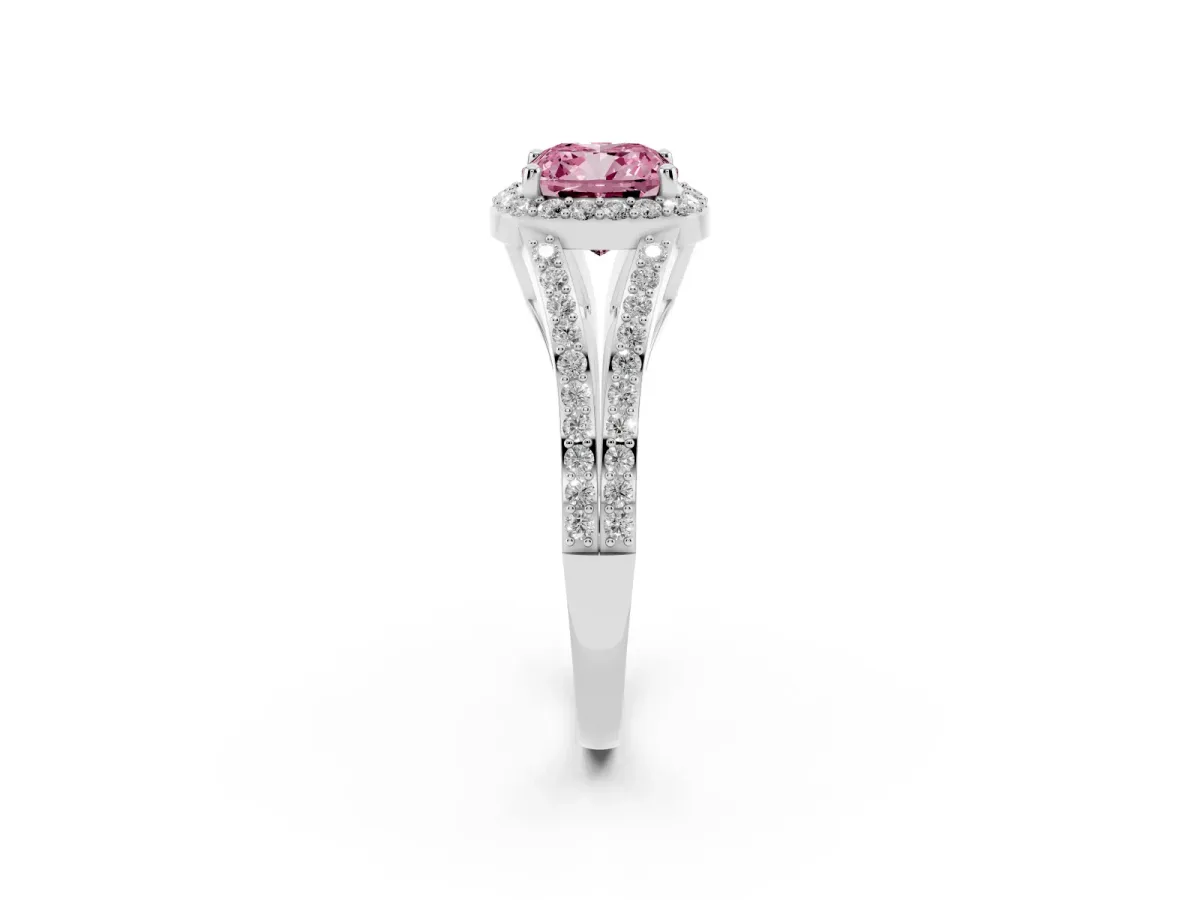 Fancy Pink Cushion Cut Halo Split Shank Diamond Ring with Prong Setting Silver