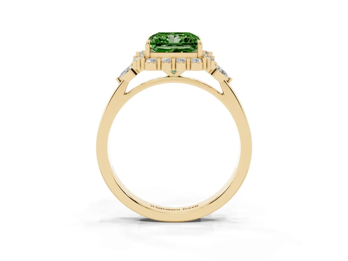 Fancy Green Princess Cut Diamond Halo Ring with Pear Side Stones and Prong Setting Yellow gold