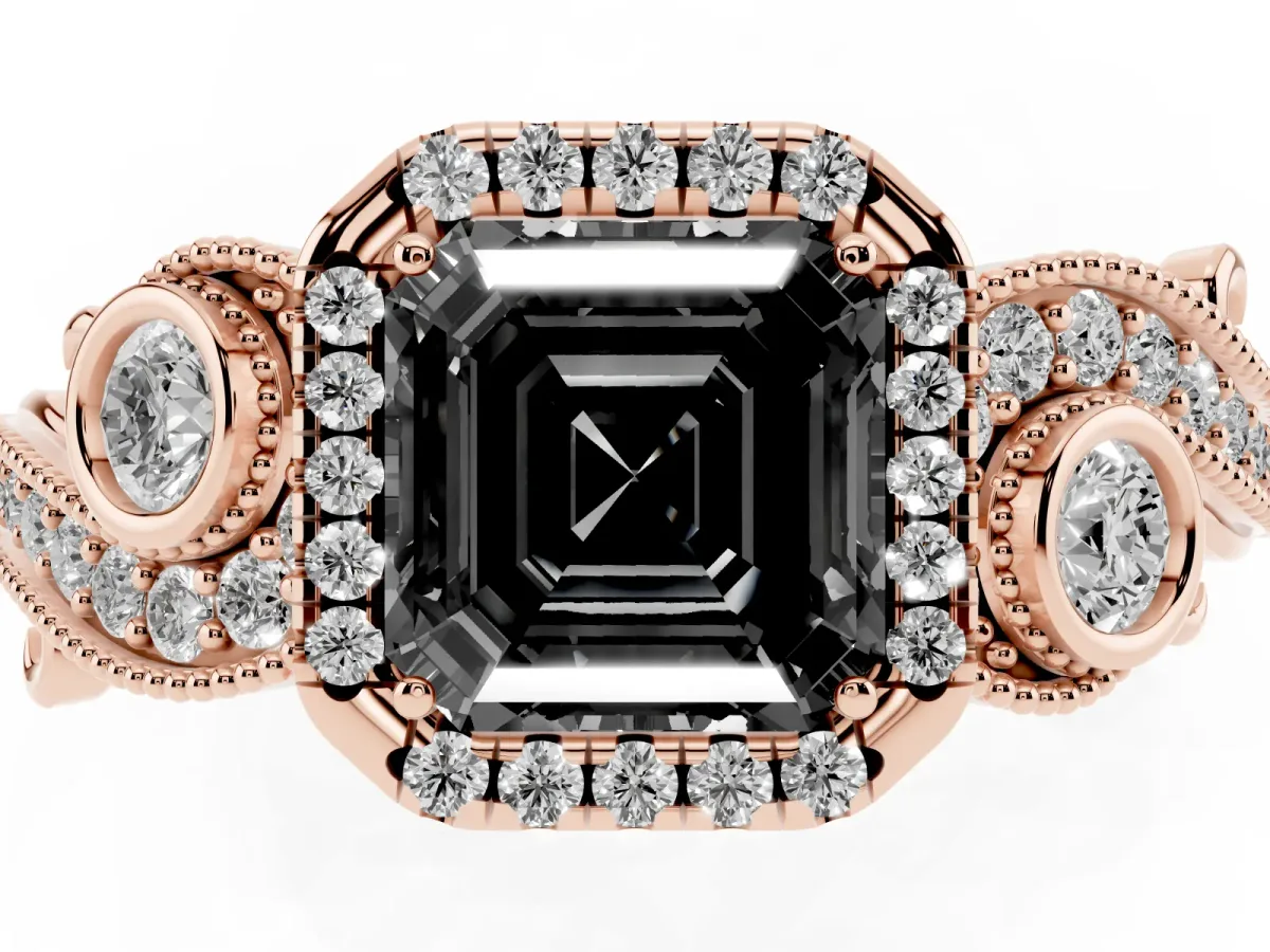 Fancy Black Asscher Cut Halo Diamond Ring with Milgrain and Bezel Accents on a Split Shank Band Rose gold