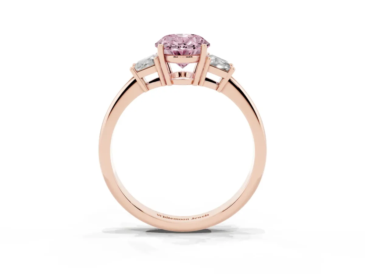 Fancy Pink Oval Cut Diamond Three-Stone Ring with Trapezoid Side Stones and Prong Setting Rose gold