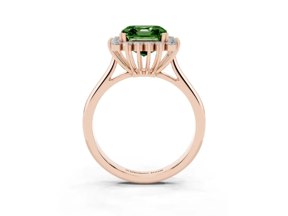 Fancy Green Asscher Cut Cut Diamond Halo Ring with Solitaire Band and Prong Setting Rose gold