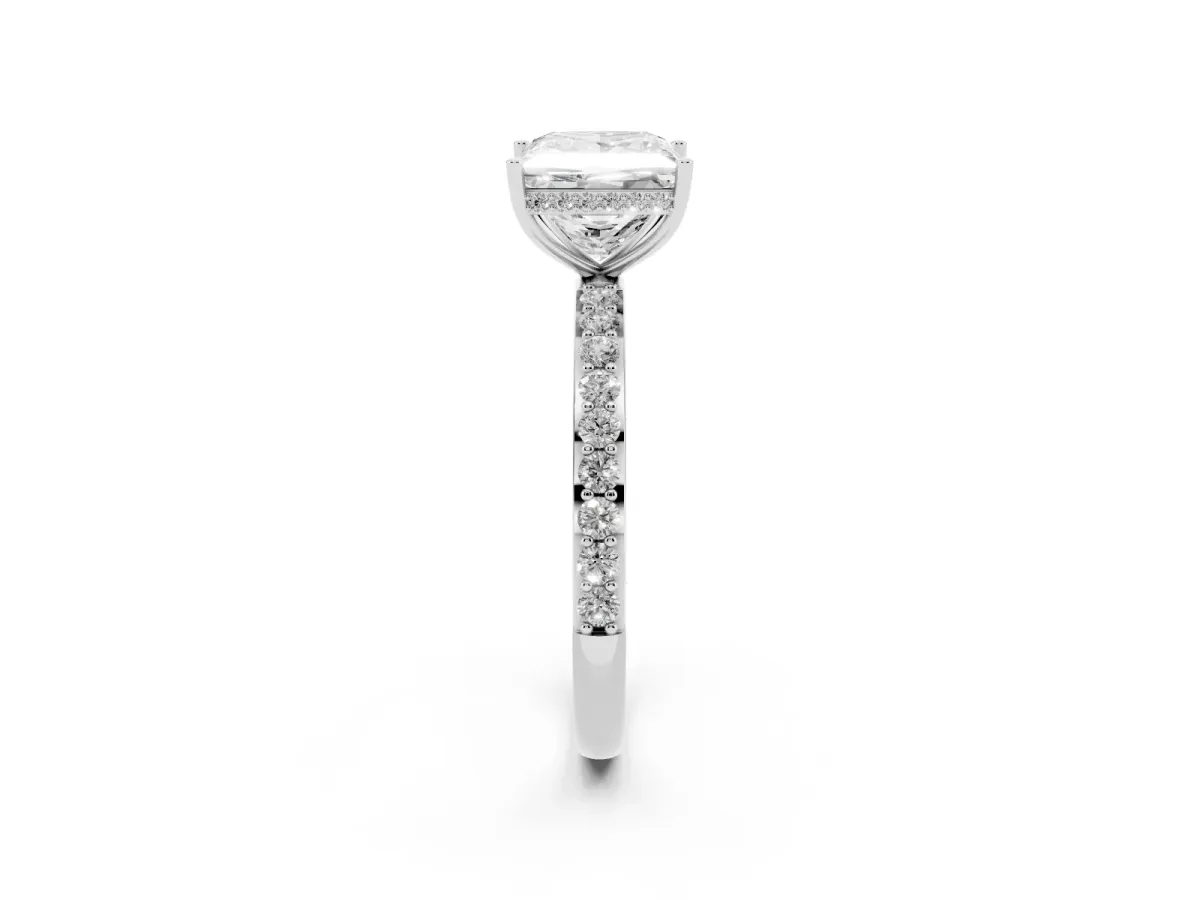 Princess Cut Diamond Solitaire Ring with Pavé Band and Hidden Halo Silver