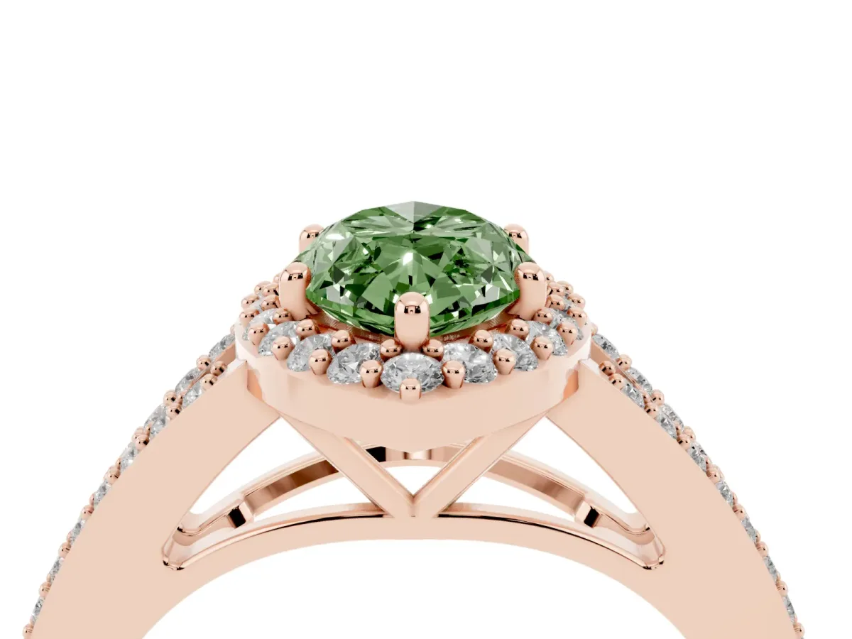 Fancy Green Marquise Cut Halo Split Shank Diamond Ring with Prong Setting Rose gold