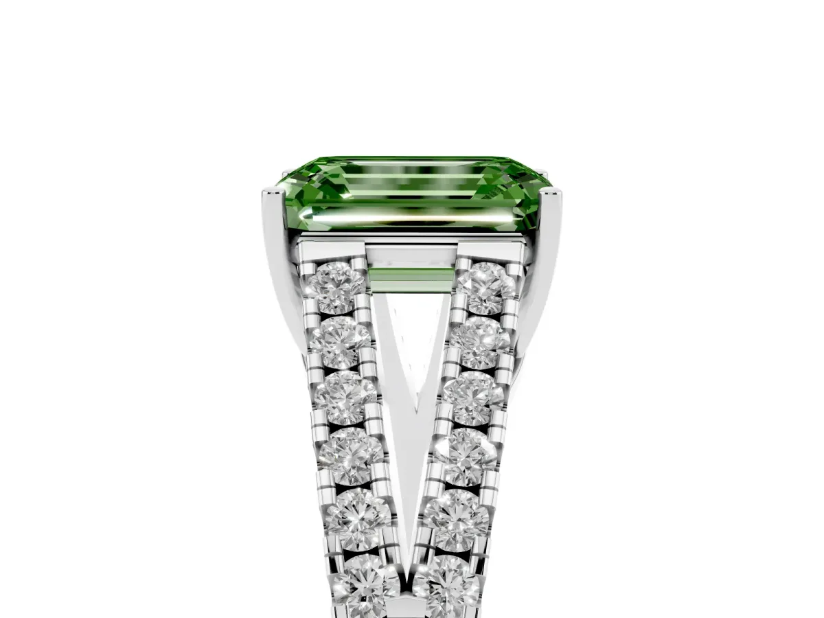 Fancy Green Emerald Cut Diamond Split Shank Pavé Engagement Ring with Four-Prong Setting White gold