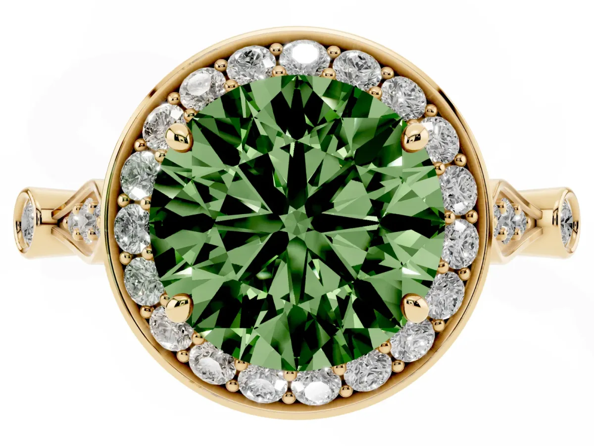 Fancy Green Round Cut Halo Diamond Engagement Ring with Twisted Band and Four-Prong Setting Yellow gold