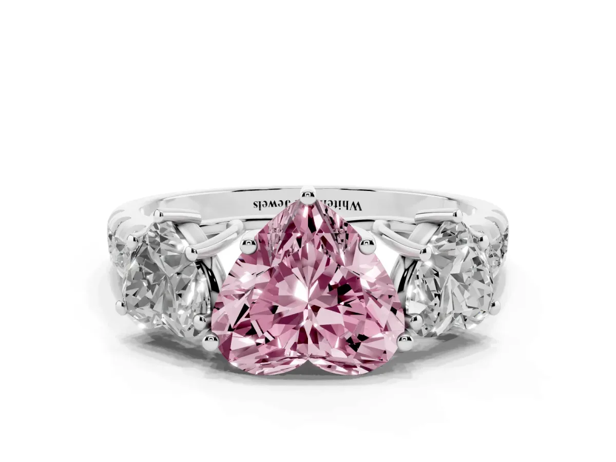 Fancy Pink Three-Stone Heart Cut Diamond Pavé Band with Prong Setting Silver