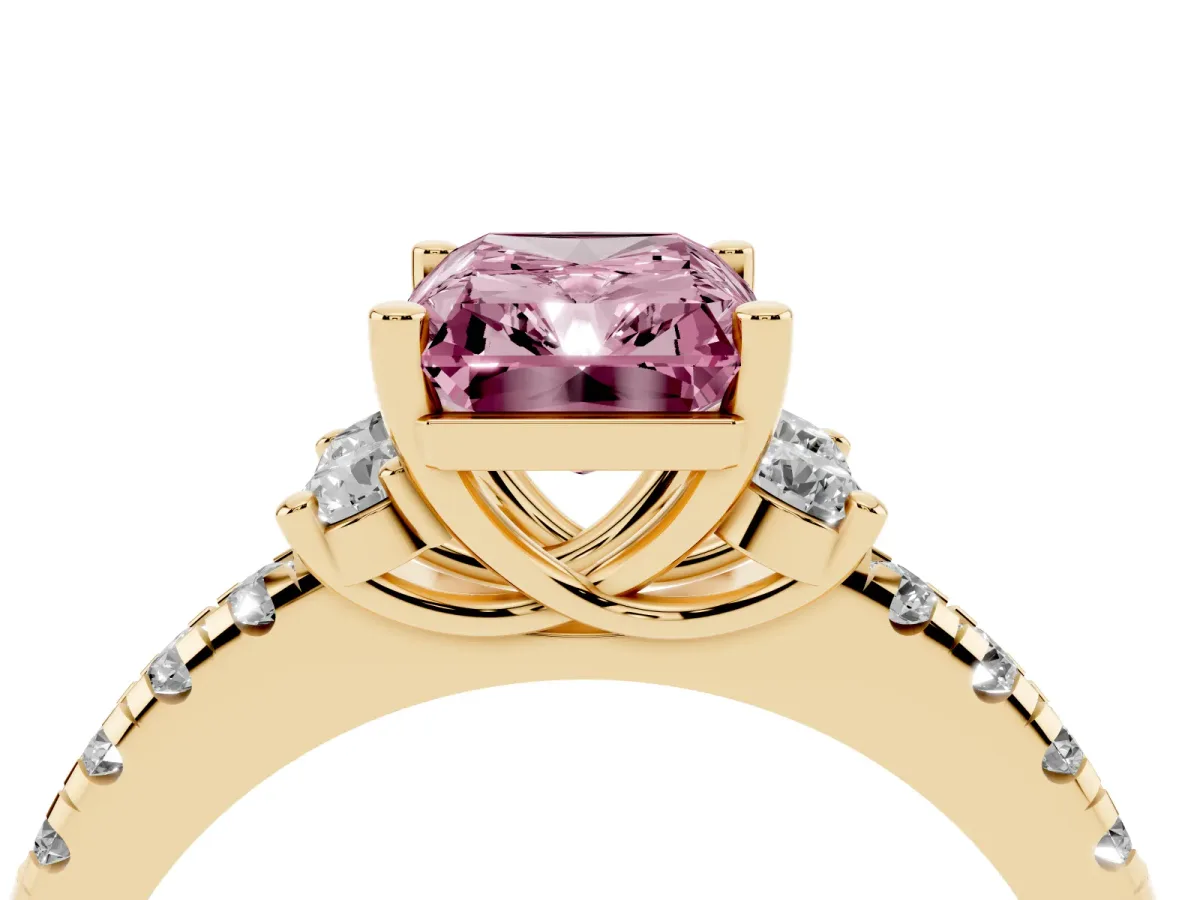 Fancy Pink Radiant Cut Diamond Three-Stone Pave Band with Four-Prong Setting Yellow gold
