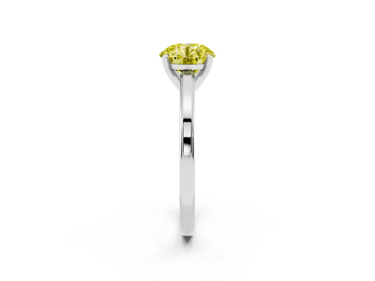 Fancy Yellow Round Cut Solitaire Diamond Ring with Four-Prong Setting and Classic Band Platinum