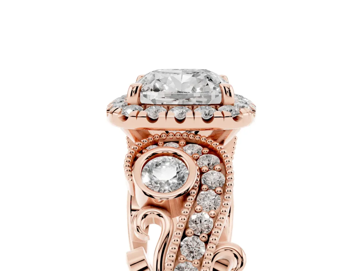 Cushion Cut Diamond Halo Ring with Milgrain Pavé Band and Four-Prong Setting Rose gold