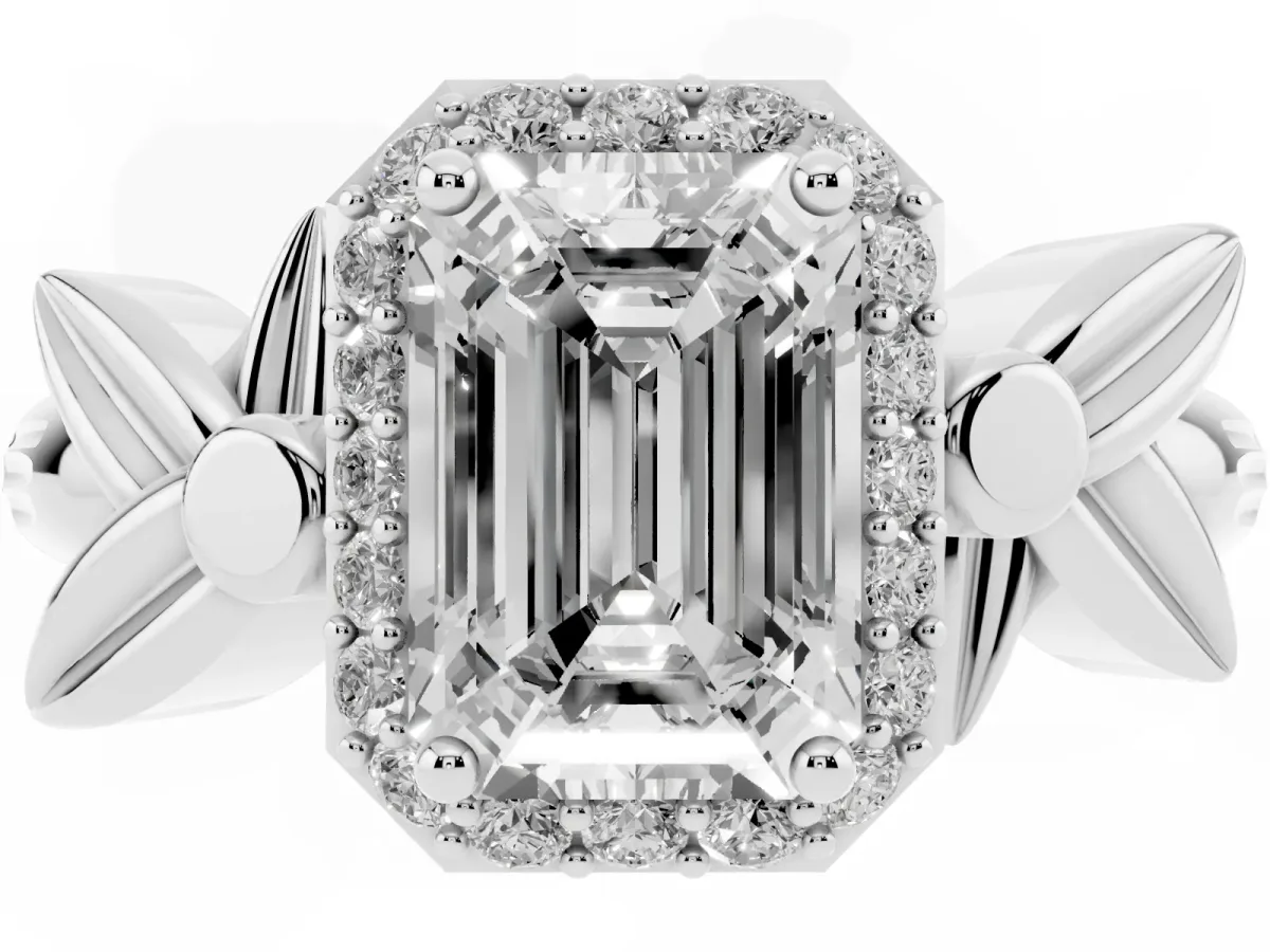 Emerald Cut Halo Diamond Floral Band with Four-Prong Setting Platinum