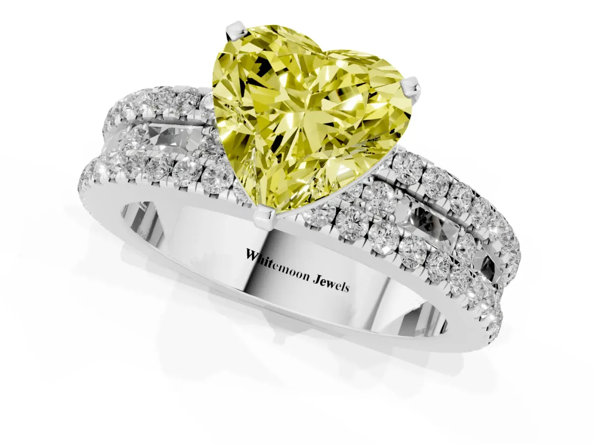 Fancy Yellow Heart Cut Diamond Solitaire Ring with Pavé and Channel Set Band Platinum