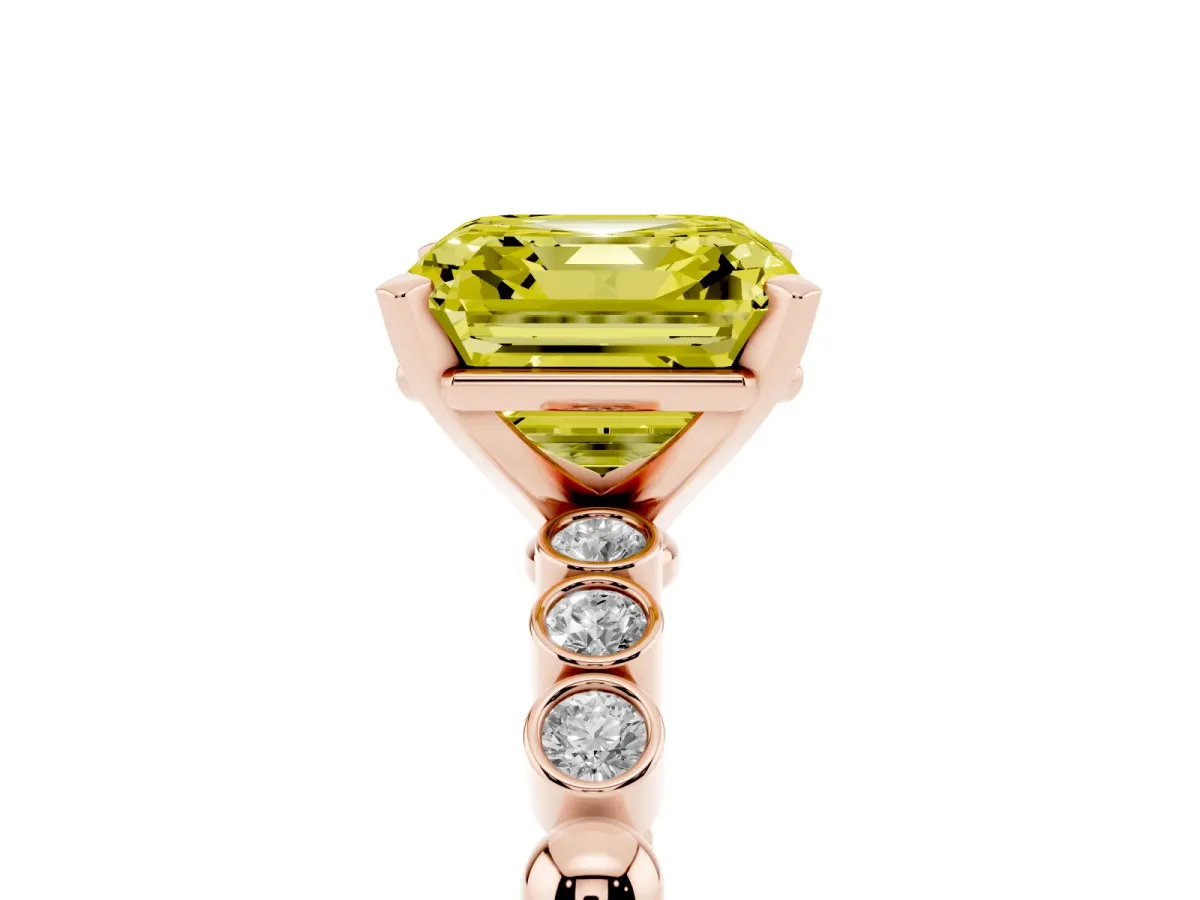 Fancy Yellow Asscher Cut Solitaire Bezel Accent Diamond Engagement Ring with Beaded Band and Four-Prong Setting Rose gold