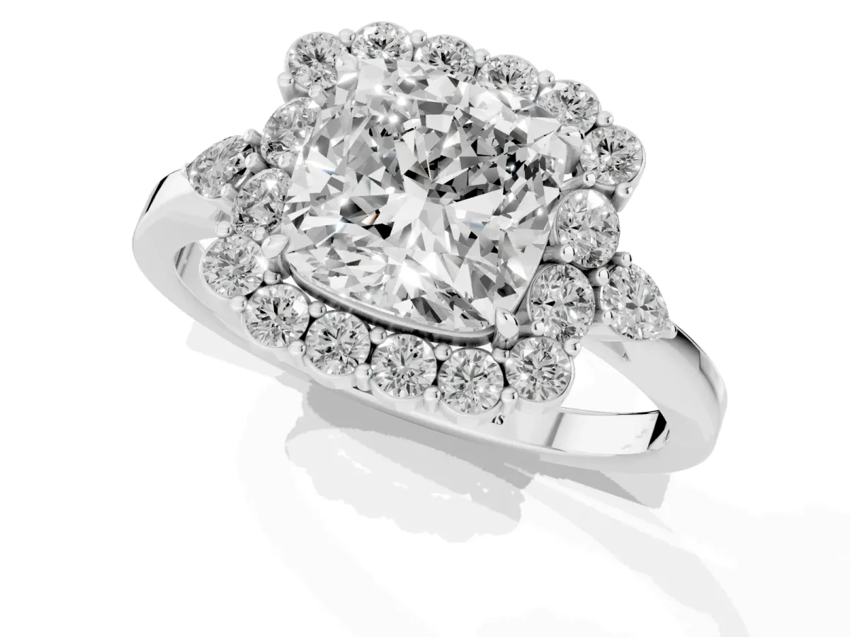 Cushion Cut Diamond Halo Ring with Pear Side Stones and Prong Setting Silver