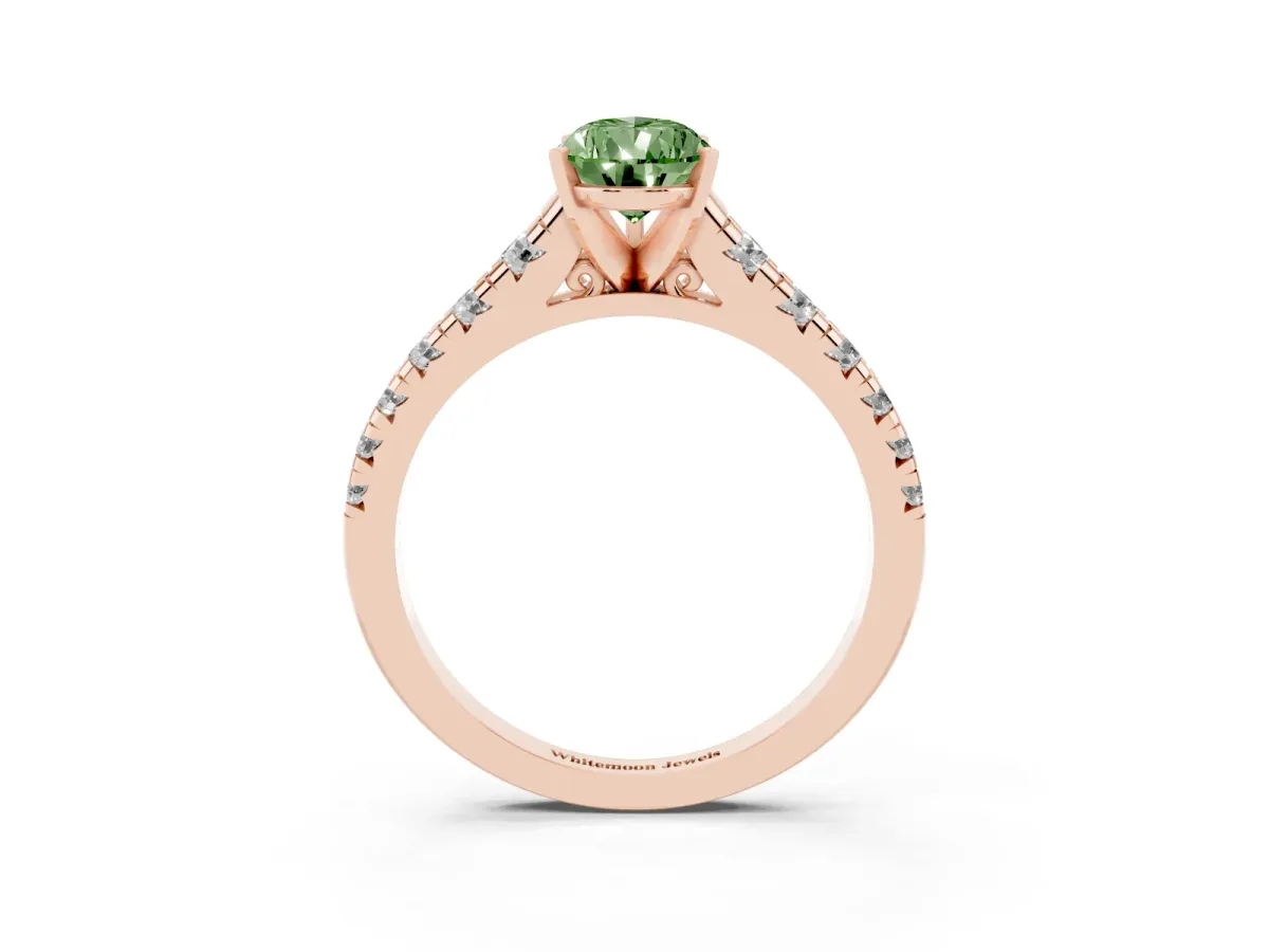 Fancy Green Pear Cut Diamond Cathedral Solitaire Ring with Round Pavé Band Rose gold