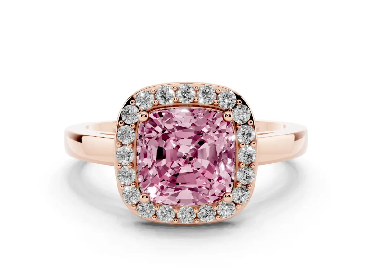 Fancy Pink Cushion Cut Halo Diamond Ring with Solitaire Band and Prong Setting Rose gold