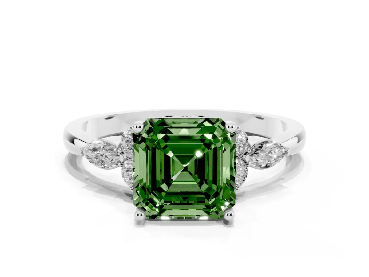 Fancy Green Asscher Cut Brilliant Diamond Solitaire Ring with Pear Side Stones and Four-Prong Setting Platinum