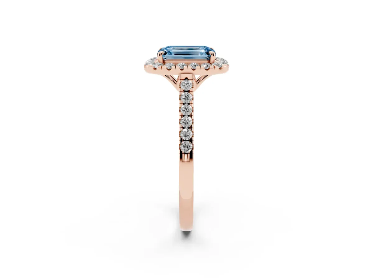 Fancy Blue Emerald Cut Halo Pavé Diamond Engagement Ring with Four-Prong Setting Rose gold