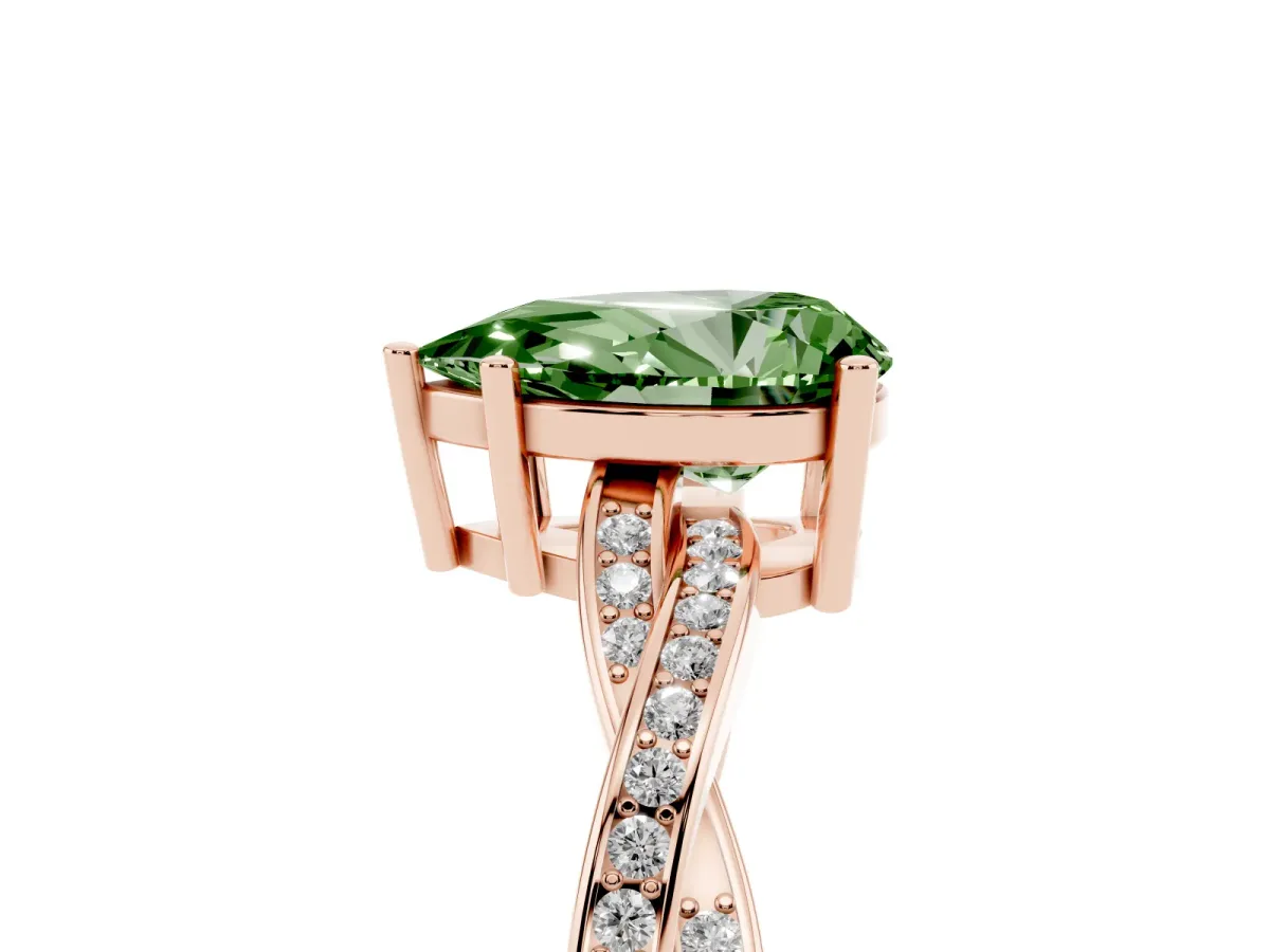 Fancy Green Pear Cut Solitaire Twisted Pave Diamond Ring with Four-Prong Setting Rose gold