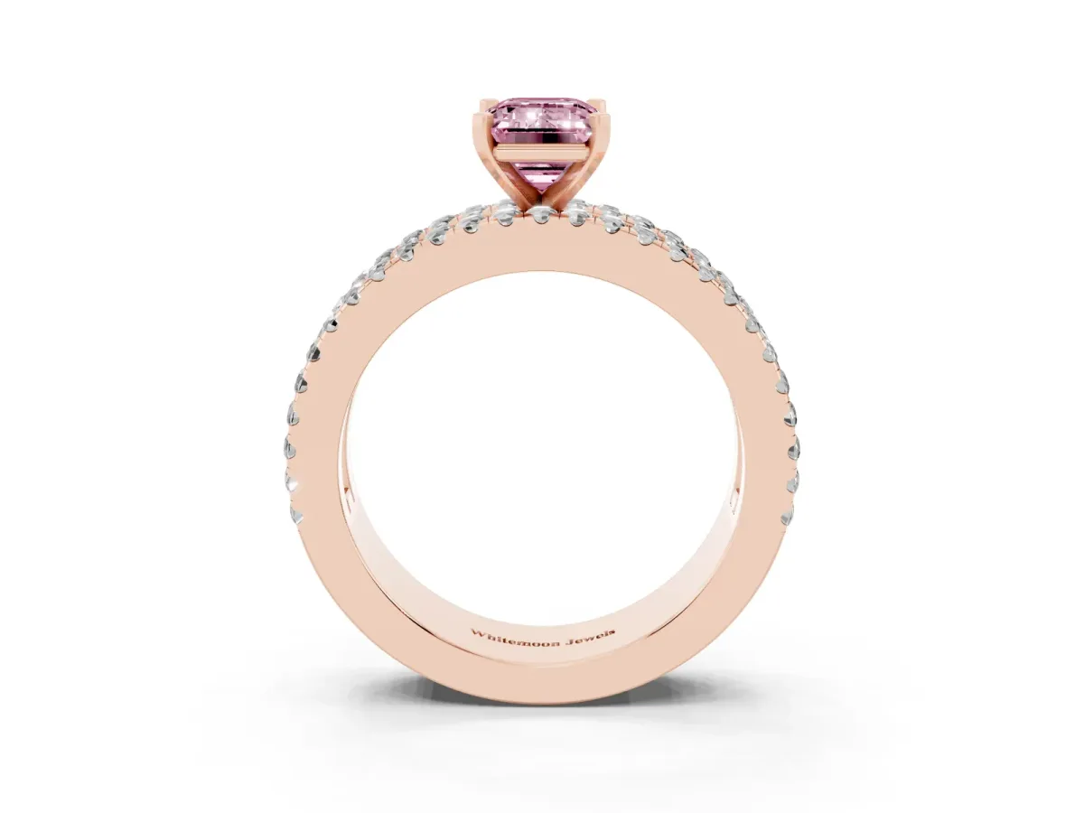 Fancy Pink Emerald Cut Diamond Solitaire Ring with Pavé and Channel Set Band Rose gold