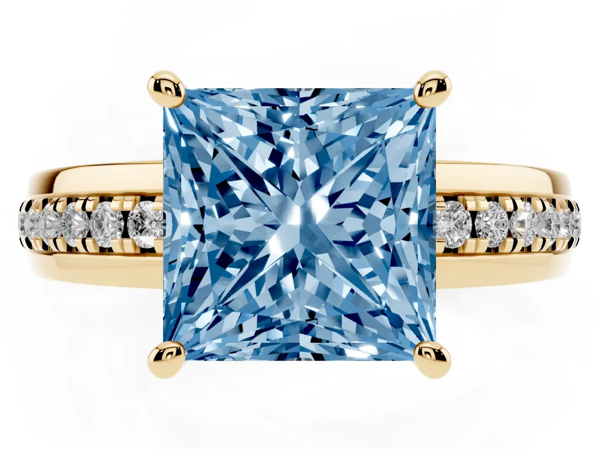 Fancy Blue Princess Cut Solitaire Diamond Ring with Channel Set Band and Six-Prong Setting Yellow gold