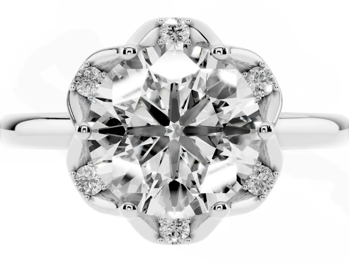 Round Cut Halo Diamond Ring with Round Cluster Setting, Solitaire Band, and Four-Prong Setting Silver