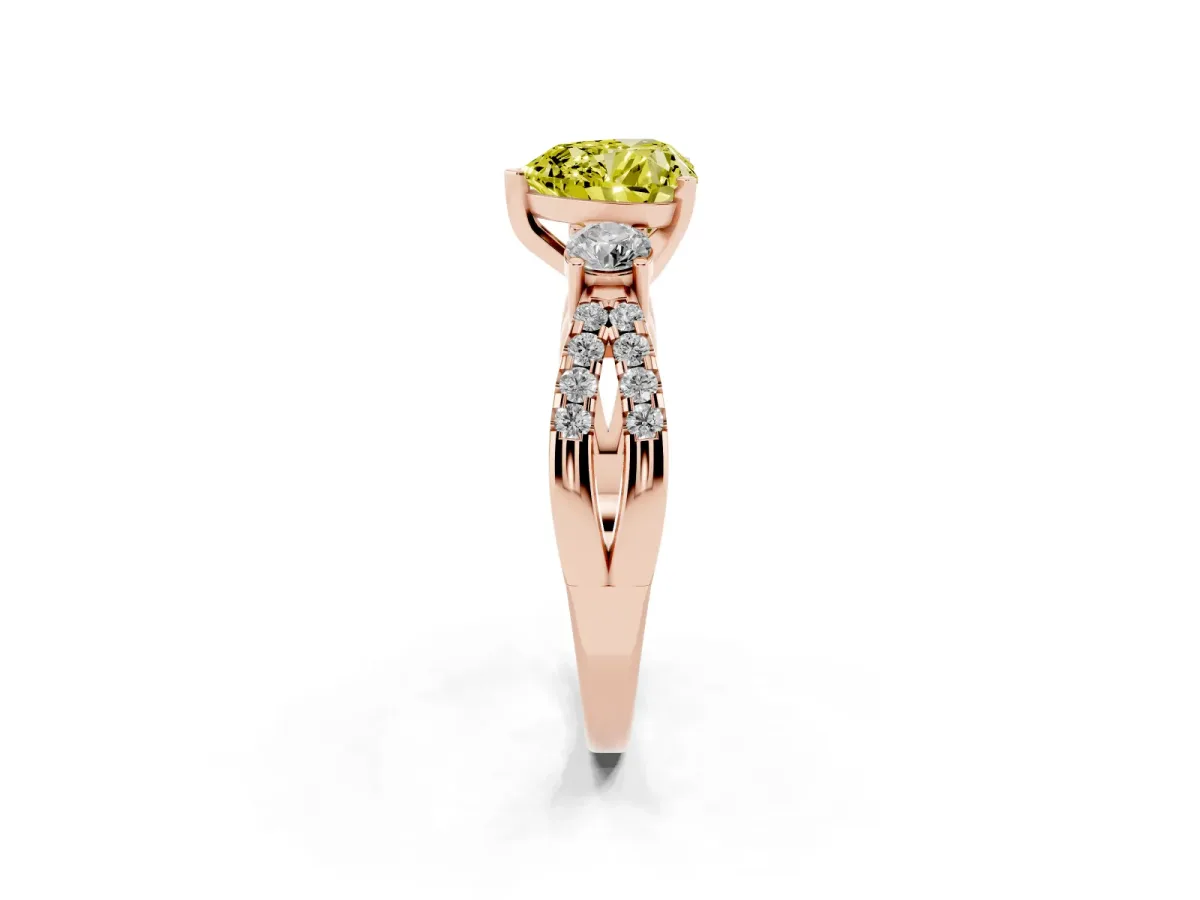 Fancy Yellow Heart Cut Diamond Three-Stone Ring with Pavé Split Shank and Four-Prong Setting Rose gold