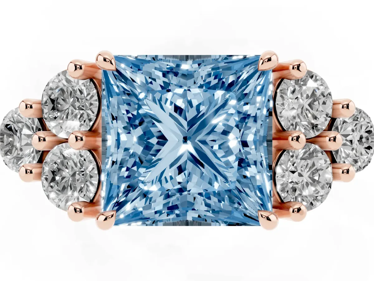 Fancy Blue Princess Cut Brilliant Diamond Cluster Accent Solitaire Ring with Prong Setting Rose gold