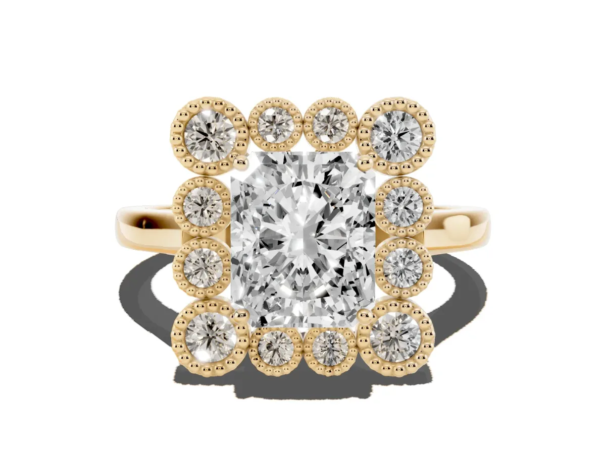 Radiant Cut Halo Diamond Cluster Engagement Ring with Milgrain Bezel Setting and Solitaire Band Yellow gold
