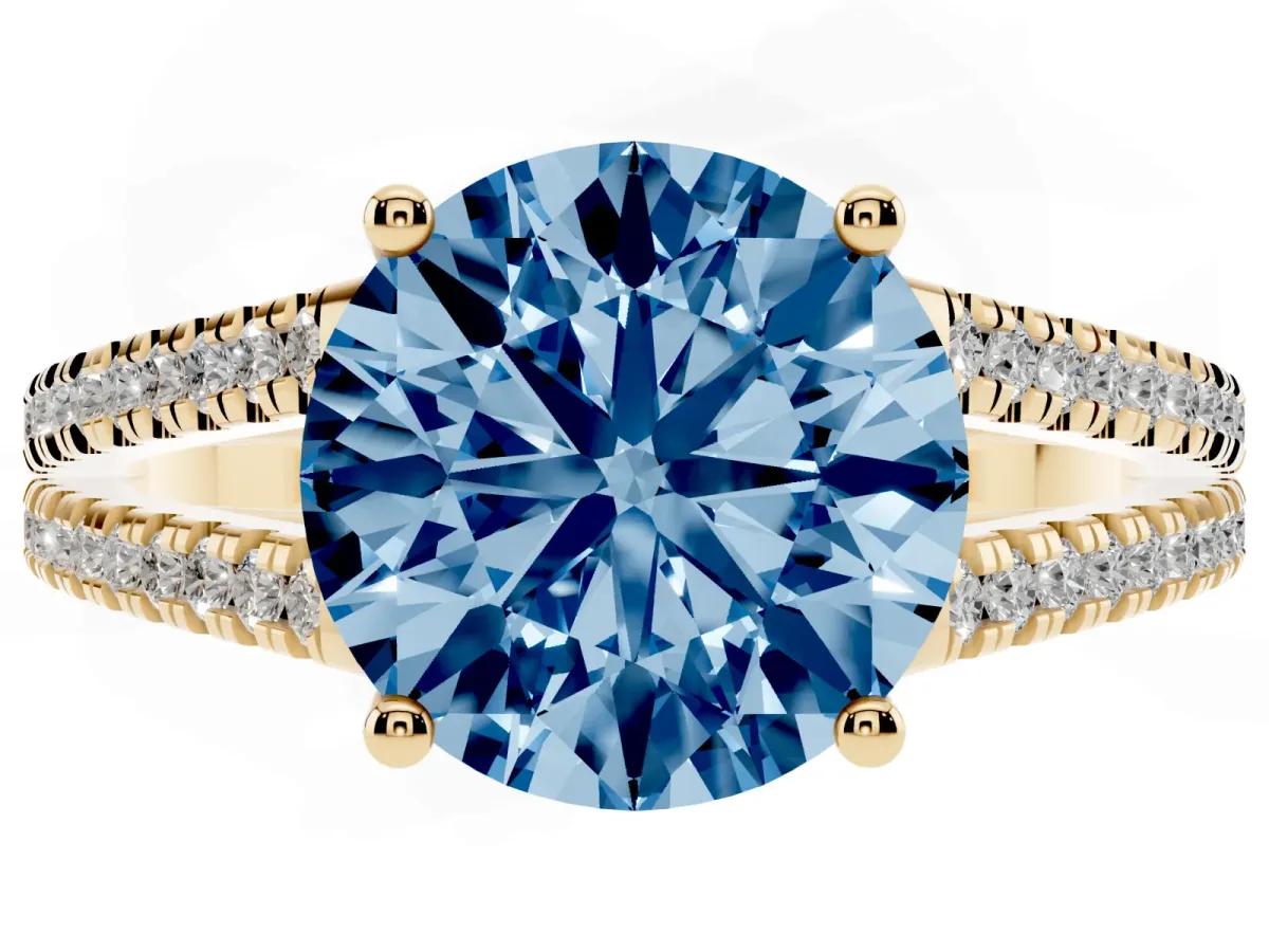 Fancy Blue Round Cut Diamond Solitaire Engagement Ring with Split Shank Pavé Band Yellow gold