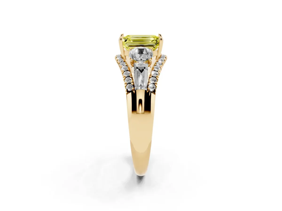 Fancy Yellow Three-Stone Emerald Cut Diamond Engagement Ring with Pave Band and Prong Setting Yellow gold