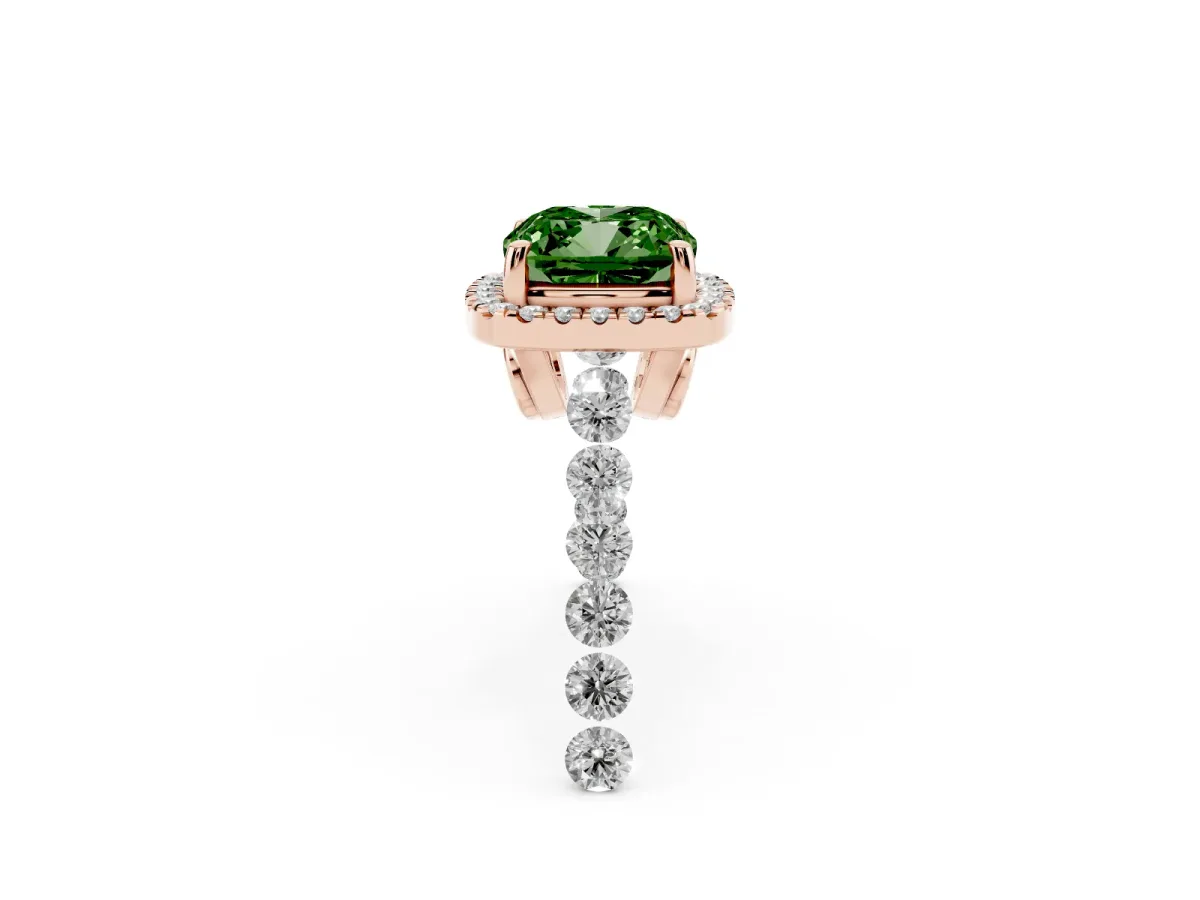 Fancy Green Cushion Cut Halo Pavé Diamond Engagement Ring with Four-Prong Setting Rose gold